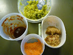 clockwise from top Pickle Relish, Date-Mayo, Mustard-Chutney, Romesco, Spicy and Sweet Tamarind Sauce