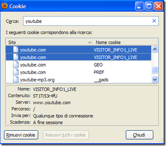 Rimuovere singoli cookie Firefox