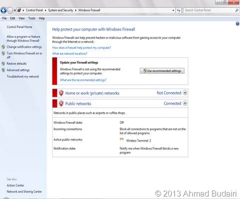 Tampilan Windows Firewall di Windows 7 Ultimate