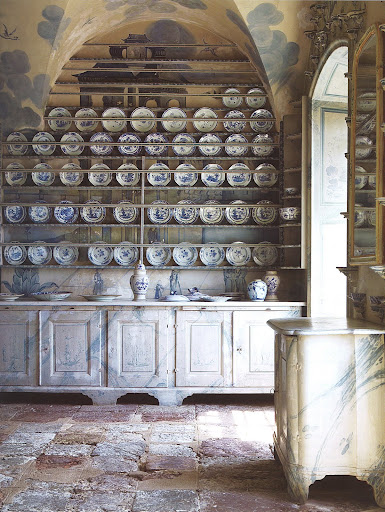 The porcelain kitchen at Thureholm Manor includes this prized collection and amazing faux painting.