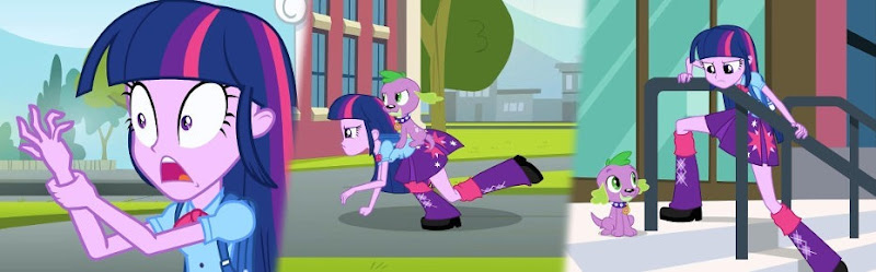 A three panel composite of Twilight Sparkle in human form shocked at her new hands, galloping on all fours with Spike riding on top as usual, and having balance issues going up stairs with her new human legs.