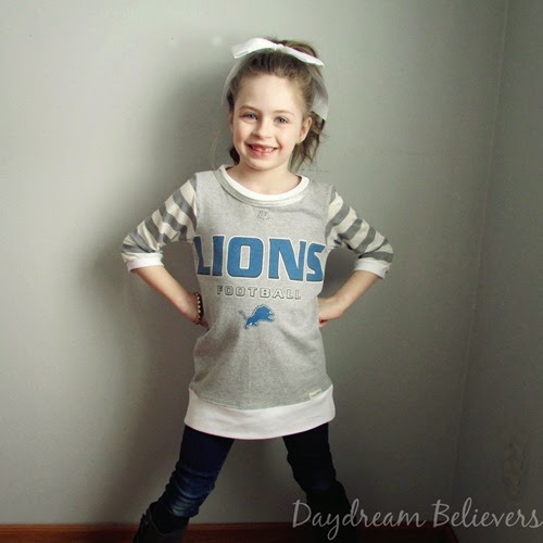 Daydream Believers Handcrafted Clothing for Girls. Stylish Upcycled Detroit Lions Tee. One of a Kind. Team Spirit Wear for Stylish Girls.