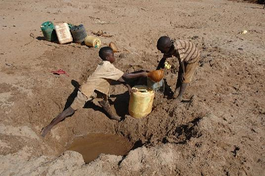Children in Kenya dig drinking water from the sand, 23 April 2009. Photo: Kenya Red Cross Society