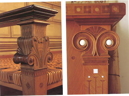 I live for the details.  The woodwork on these arm chairs is very much a coupling of the French Baroque and Grecian influence - no shortage of elegance there.  Love, love, love.