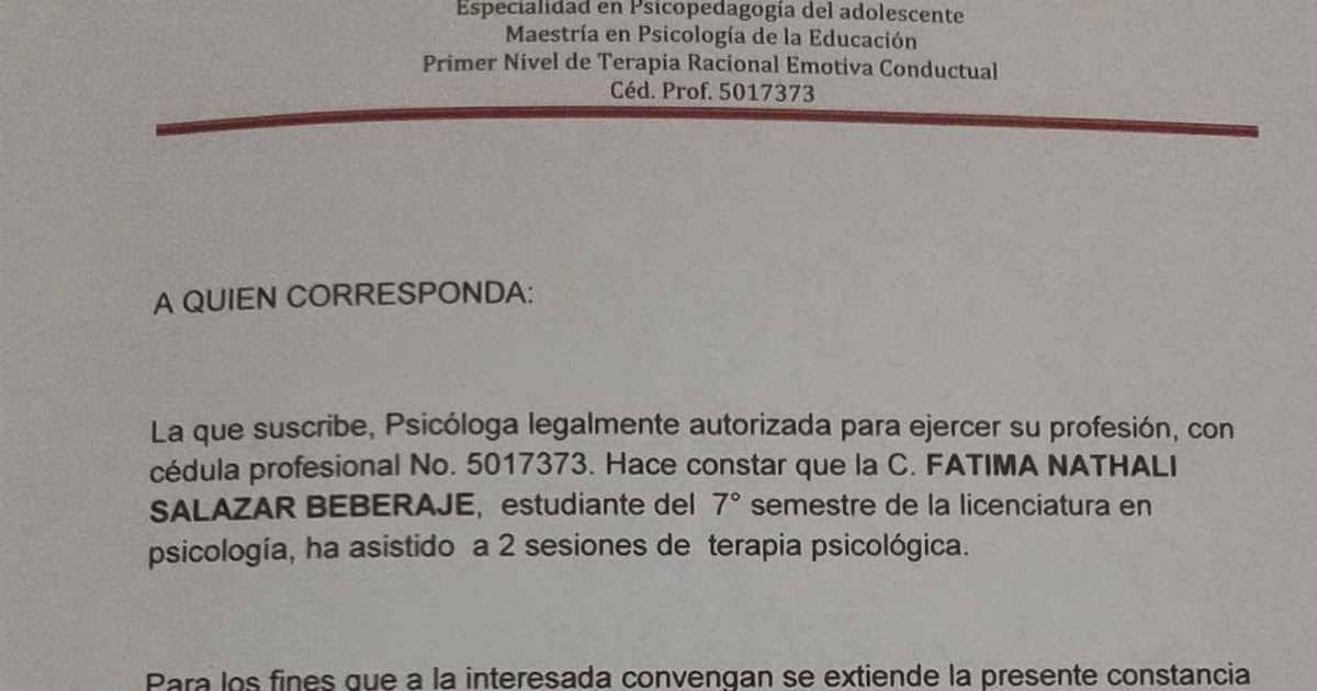 Fatima Nathali. : Constancia de la psicologa.