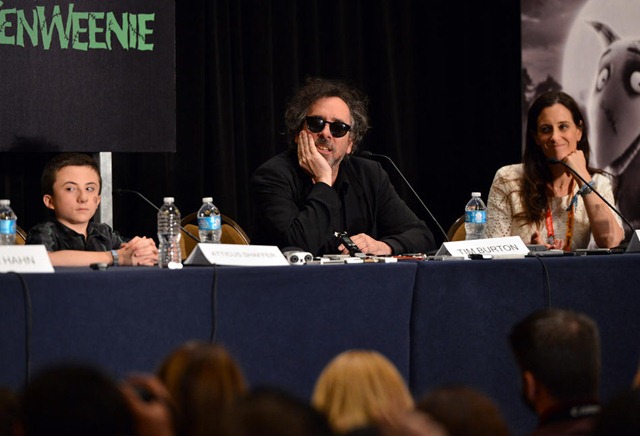 SAN DIEGO, CA - JULY 12:  (L-R) Actor Atticus Shaffer, director/producer Tim Burton, and producer Allison Abbate speak at the "Frankenweenie" interviews during Comic-Con International 2012 at Hilton Bayfront Hotel on July 12, 2012 in San Diego, California.  (Photo by Alberto E. Rodriguez/WireImage)
