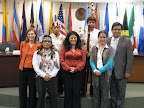 Leaders of Sarayaku with their lawyers (Viviana Krsticevic of CEJIL on the left and Mario Melo of Fundación Pachamama on the right) and member of the Inter-American Commission of Human Rights, Luz Patricia Mejia (Venezuela) in red.  Photo: Andrew Miller / Amazon Watch