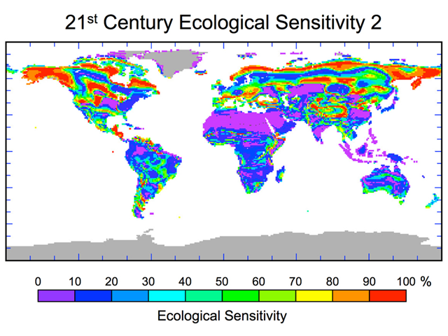21st Century Ecological Sensitivity - Biome-Level Changes in Plant Species. Predicted percentage of ecological landscape being driven toward biome-level changes in plant species as a result of projected human-induced climate change by 2100. Biomes are major ecological community types. NASA / JPL-Caltech
