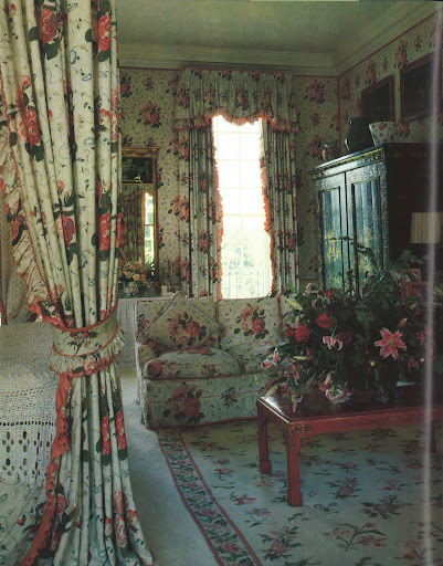The full-bloodded roses and pansies of Lady Annabel Goldsmith's bedroom chintz is fantastic.