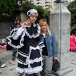strange Japanese guy dressed as lolita on Jingu Bridge in Harajuku, Japan 