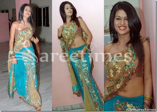 Shraddha_Das_Blue_Embroidery_Lehenga_Style_Saree