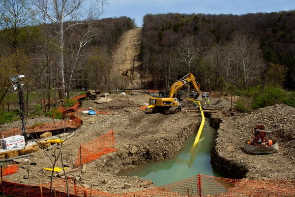 The 2012 drought dropped stream flows and groundwater levels so low that the use of water for natural gas 'fracking' by drillers like these at work in Bradford County, Pennsylvania, was suspended in many parts of the Keystone State. Photo: Les Stone / Corbis