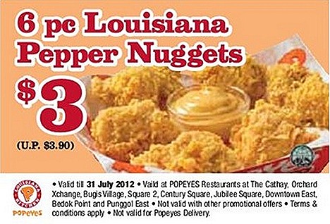 Popeyes Louisiana Pepper Chicken Nugget offer 6 piece $3 Usual $3.90 July august offer national day chicken, tenders, fish, coleslaw, mashed poatato, milo drink with anit dust cap