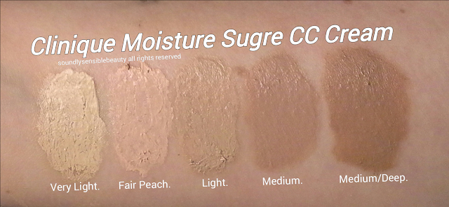 Clinique CC Cream Clinique CC Cream; Moisture Surge, Hydrating Colour/Color Corrector SPF 30; Review & Swatches of Shades Very Light, Fresh Peach, Light, Medium, Medium Deep, Deep