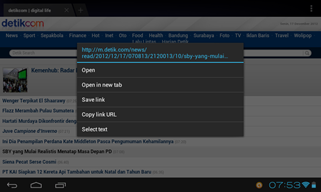 Pilihan menu yang muncul setelah menekan link beberapa detik di browser Android ICS