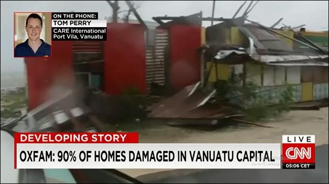 Screenshot of a CNN interview with Tom Perry of CARE International, who reports widespread destruction in the island nation of Vanuatu after Cyclone Pam struck on 15 March 2015. Photo: CNN