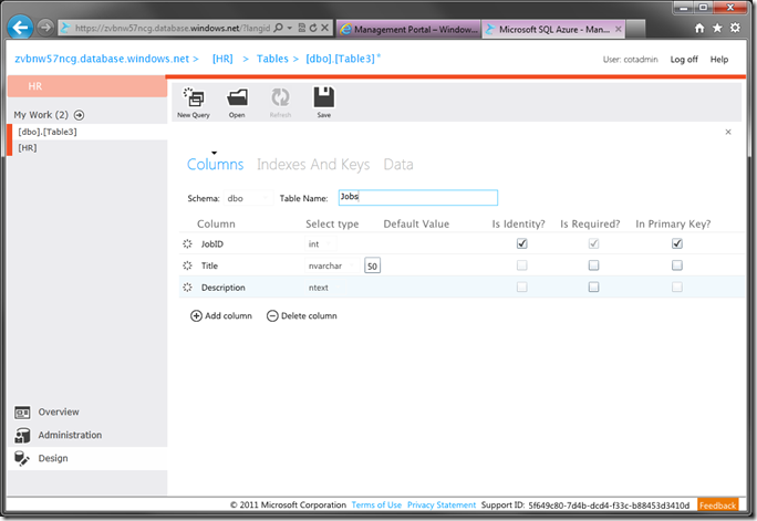 Jobs table created in HR database using SQL Azure database management web app