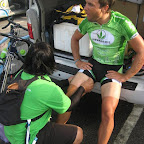 Brad Hall from the Herbalife Marco Polo Cycling Team gets a warm-up massage from soigneur Ramse before the stage. (photo: Rob Conijn)