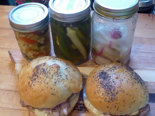 Roast Pork on Buns with Zucchini and Corn Relish, Quick Pickled Okra, and Lime-Pickled Onion.