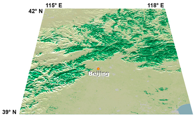 The mountains northeast of Beijing retain heavy tree cover despite extensive clearing in the nearby flat areas. Forests are increasingly limited to steep slopes as mankind continues to clear lowland areas suitable for agriculture and urban areas. Graphic: Jens-Christian Svenning