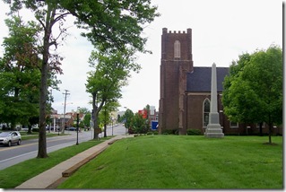 Danville Presbyterian Church side view with marker and monument to Rev. Rice in photo