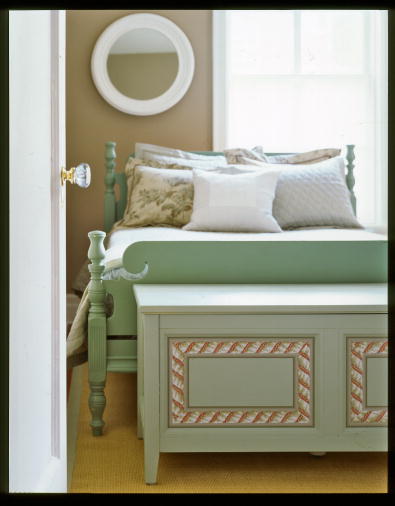 Wallpaper borders can be used for more than trimming walls. You can make unique furniture accents like the treatment on this chest. (Martha Stewart Living, April 2006)
