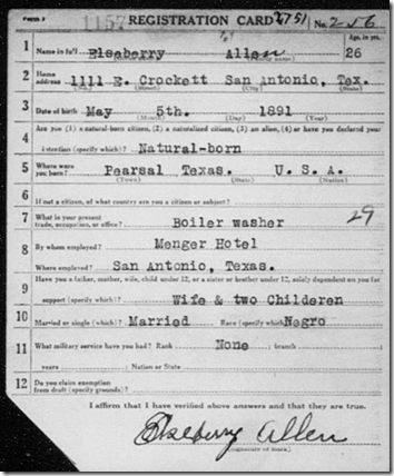 World War I draft registration card for Elseberry Allen of San Antonio, Texas on FamilySearch.org