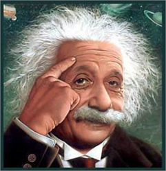 c0 Albert Einstein pointing to his head