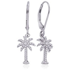 Round Diamond Dangling Palm Tree Earrings in 14k White Gold