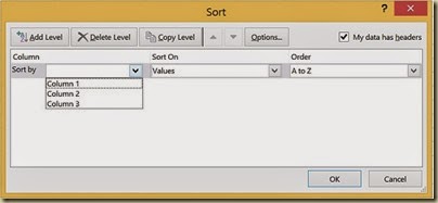 Sorting Multicolumn Data in Excel - Sorting Tool Dialogue Box