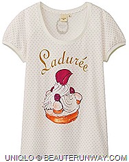 UNIQLO Laduree Singapore UT Have your Laduree Macarons and wear it, only UNIQLO allows you to   indulge in Ladurée, the world famous French Patisserie in a whimsical yet fashionable style. Ma cherie, tres chic ladies tee