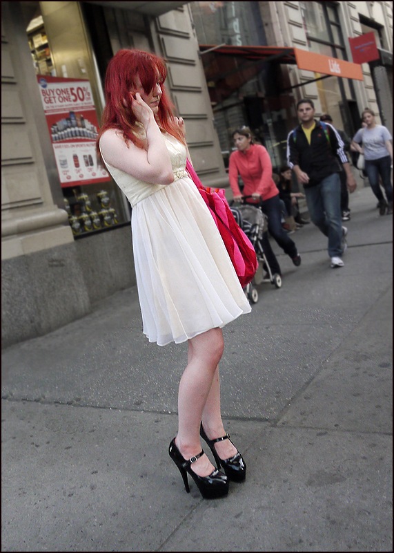 w black platform heels cream short dress red hair ol