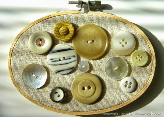 Vintage button display in an embroidery hoop via homework |carolynshomework.com