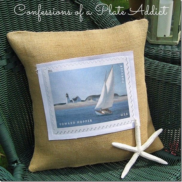 CONFESSIONS OF A PLATE ADDICT Burlap and Canvas Sailboat Pillow CONFESSIONS OF A PLATE ADDICT Burlap and Canvas Sailboat Pillow