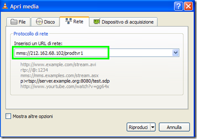 VLC Inserisci un URL di rete