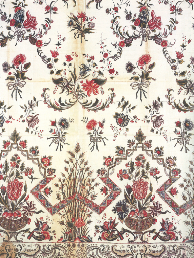 A more muted, scaled-back example of of chintz, circa 1750-1760.
