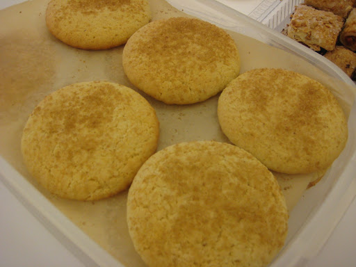 Giant sour cream cookies with coarse sugar on top, from the gardening department.