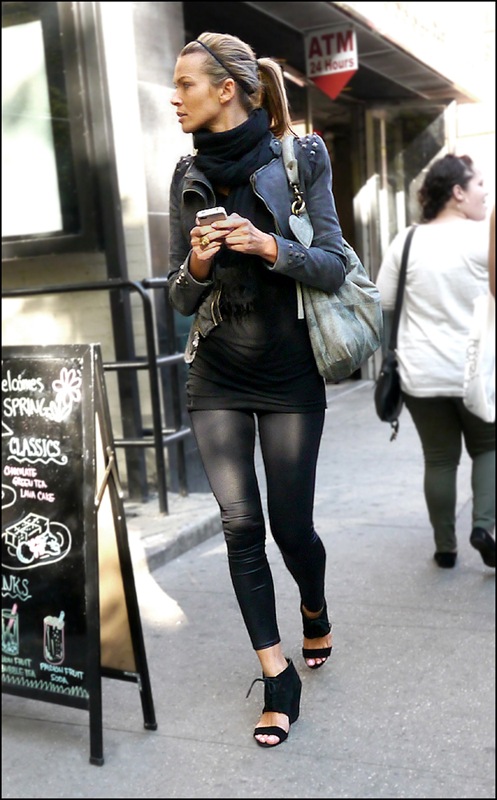 8 w black leggings black mini dress grey cropped biker jacket with studded shoulders and cuffs black scarf pony tail open toe ankle boot wedge sandals ol