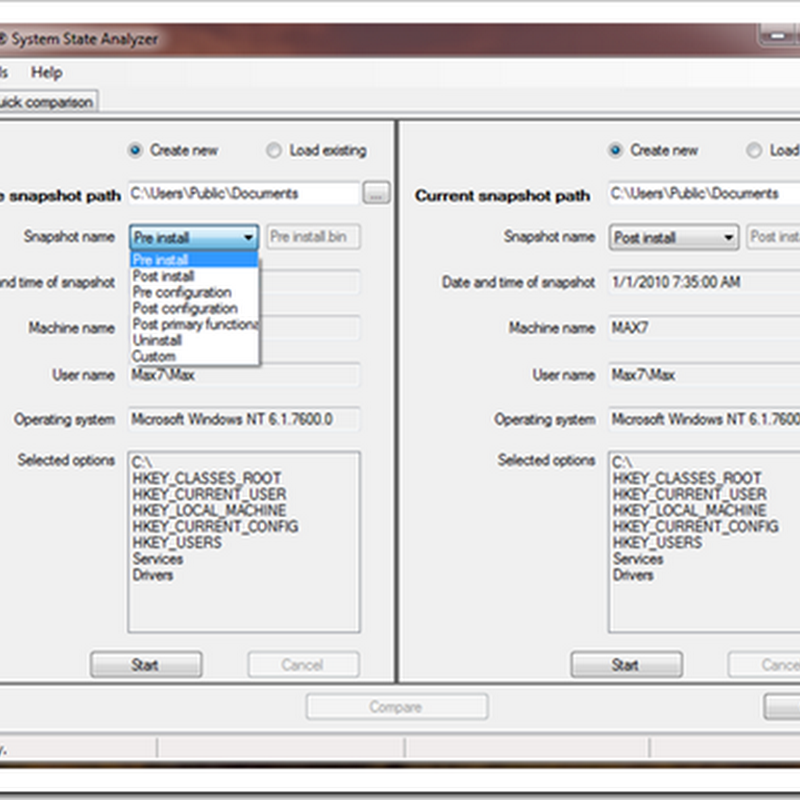 Using the Windows System State Analyzer utility to compare before/after system snapshots (pre/post install/config/uninstall etc)