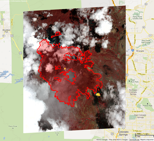 Near-infrared satellite view of the Waldo Canyon Fire, captured 28 June 2012. NIR via google.org
