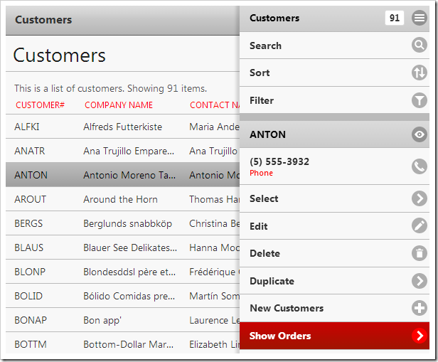 Activating the "Show Orders" action on the Customers page. Activating the "Show Orders" action on the Customers page.