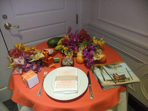 Their Island of Romance design features tropical flowers and colors.