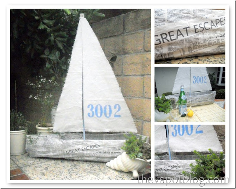 boat mosaic, newspaper, sail boat, paper mache