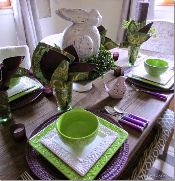 Spring Tablescape with purple, green and white colors. Spring Tablescape using Bright Colors