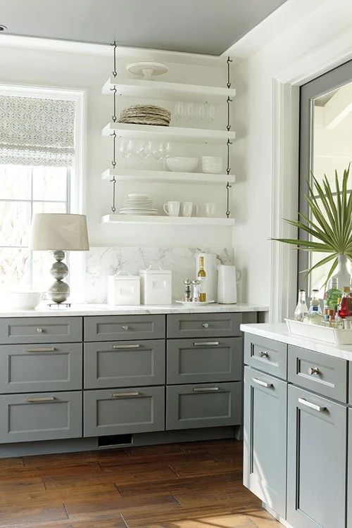 white open shelves kitchen