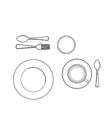 Setting the Table for Dessert: A small dessert plate arrives along with a coffee or teacup and a teaspoon. Use the cake fork and the dessert spoon, laid across the top of the setting before the meal began (note that the fork's tines are set facing right and the spoon's bowl facing left). The water glass is the only stemware still on the table.