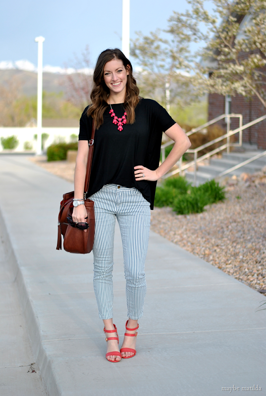 striped pants + black top + coral accessories // www.maybematilda.com