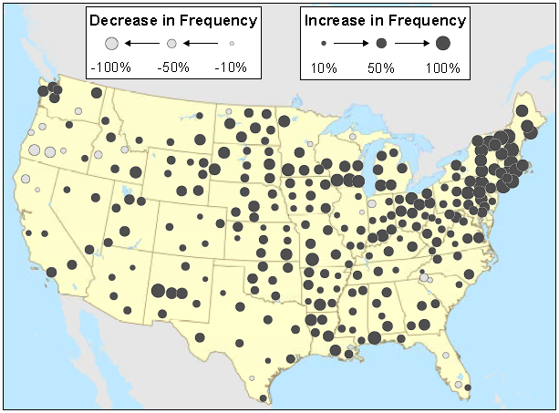 Frequency of Extreme Downpours in the United States, 1948-2011. Extreme downpours have become more frequent across much of the U.S. PennEnvironment, 2012