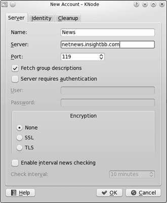 Enter information about the news server in this dialog box