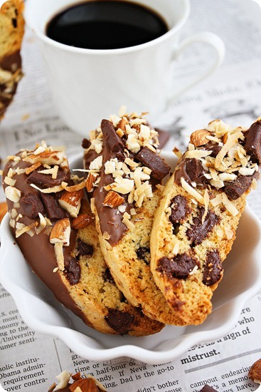 Chocolate Chunk Biscotti with Almonds and Coconut – These loaded biscotti make a sweet gift, or delicious Italian snack! | thecomfortofcooking.com